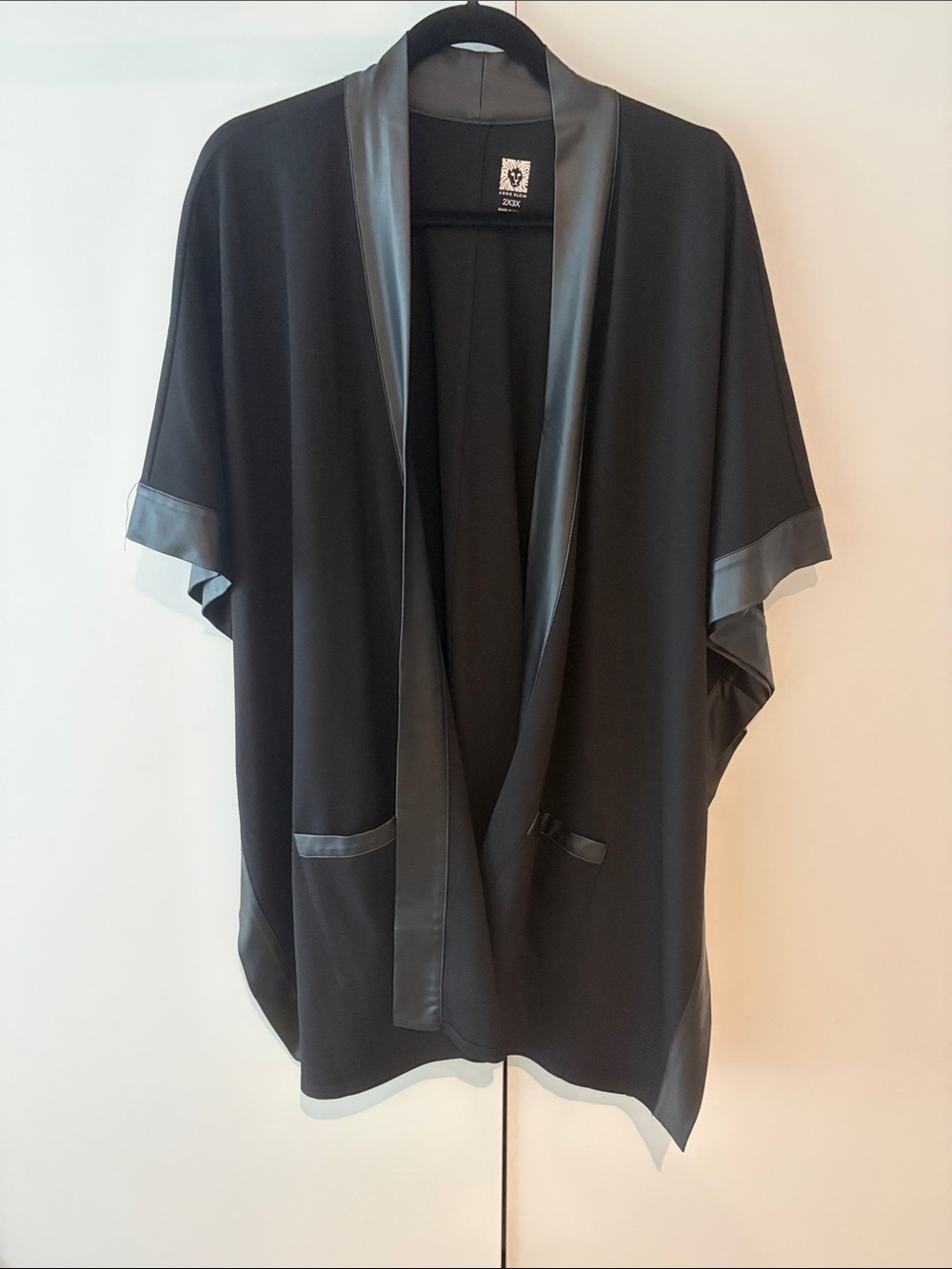 Anne Klein Black Satin-Trim Open Front Cape with pockets